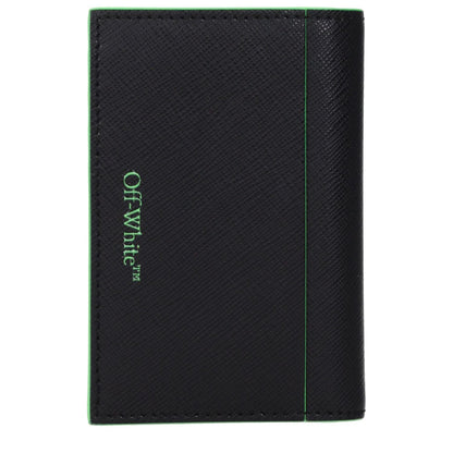 Off-White Black Leather Cardholder with fluo green accents, 9 card slots, and front logo. MPN: OMND083LEA0011070. Size: 1.5×7.5×11.5 cm.
