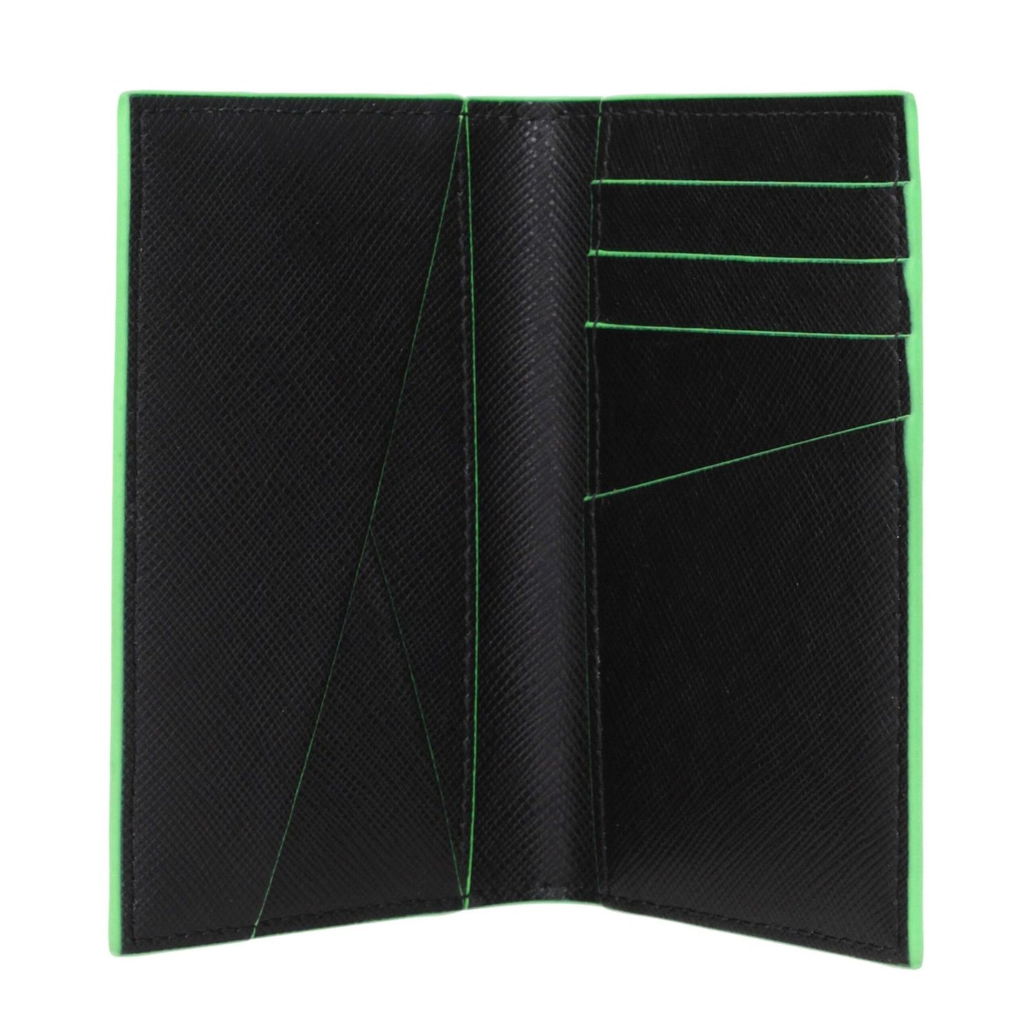 Off-White Black Leather Cardholder with Fluo Green Trim, featuring nine card slots, front and back logo, measuring 1.5×7.5×11.5 cm.