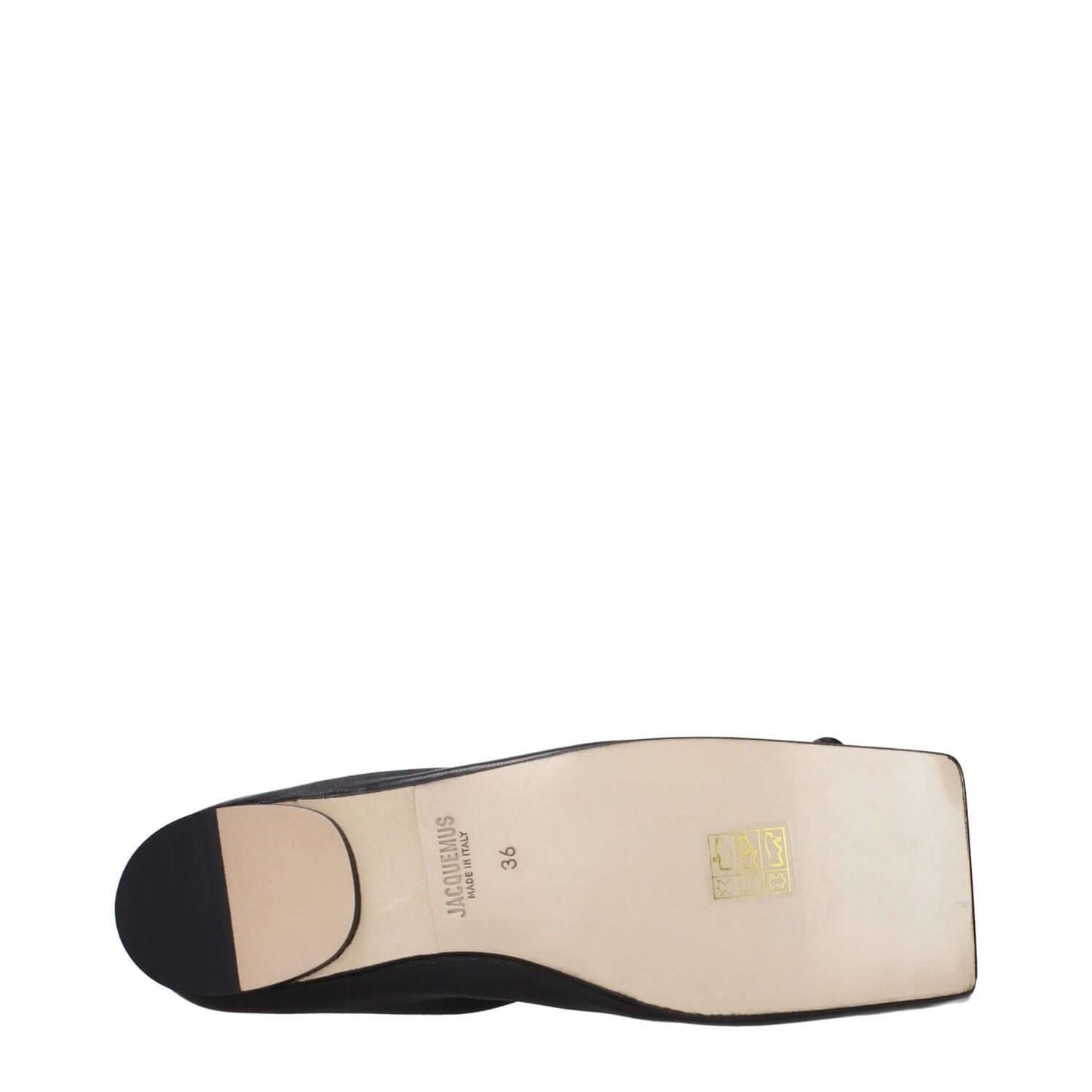 Sole view of Jacquemus Black Leather Ballet Flats featuring a square toe and low flat heel.