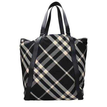 Burberry Black Fabric Shoulder Bag with check print, silver details, and maxi size featuring external and internal pockets.