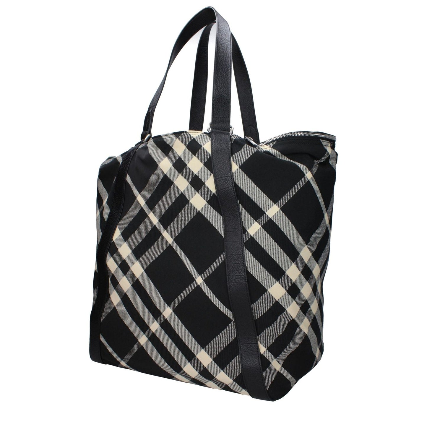 Burberry Black Fabric Shoulder Bag with check print, maxi size, beige accents, and silver details, featuring multiple pockets and adjustable handles.