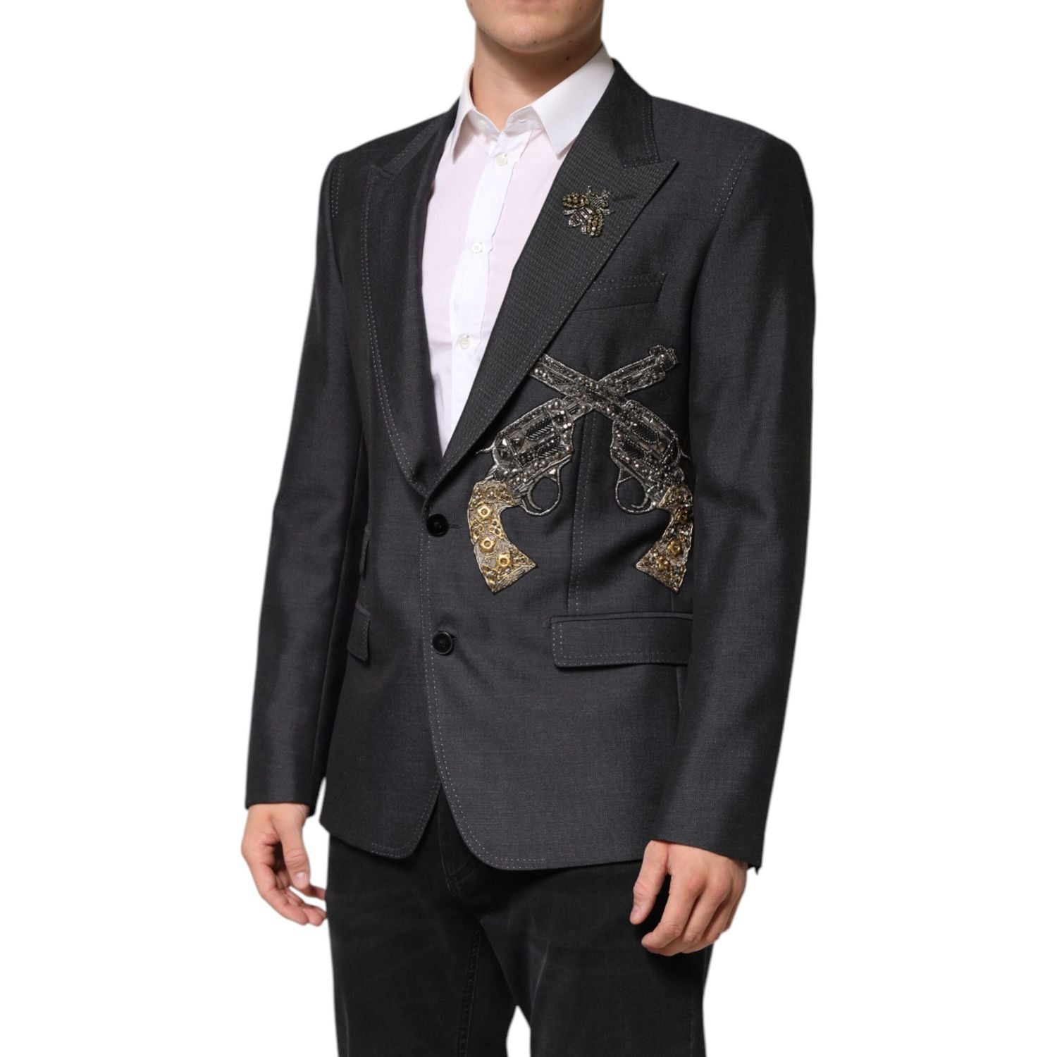 Dolce & Gabbana Dark Gray Bee Embroidery SICILIA Coat Blazer