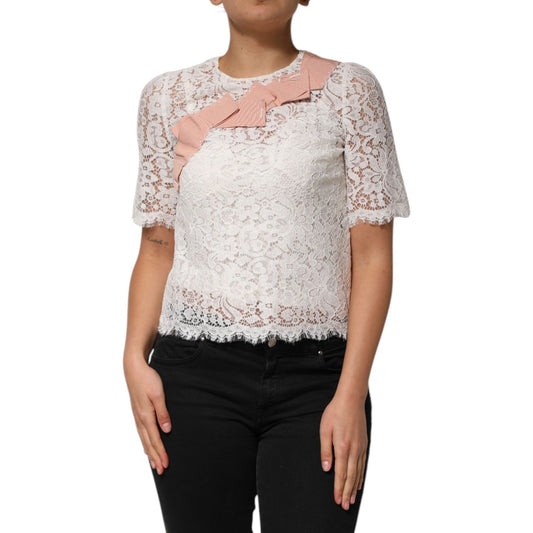 Dolce & Gabbana White Floral Lace Short Sleeves Blouse Top TSH90634-38