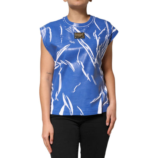 Dolce & Gabbana Blue White Cotton Logo Plaque Women Tank Top TSH90641-42