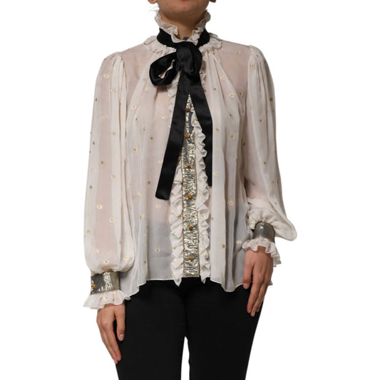 Dolce & Gabbana White Black Silk Long Sleeve Ascot Collar Top TSH90646-42
