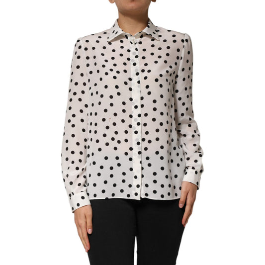Dolce & Gabbana White Black Dotted Silk Long Sleeves Top