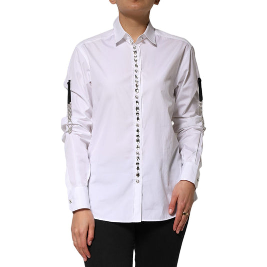 Dolce & Gabbana White Crystal Embellished Collared Shirt Top TSH90652-38