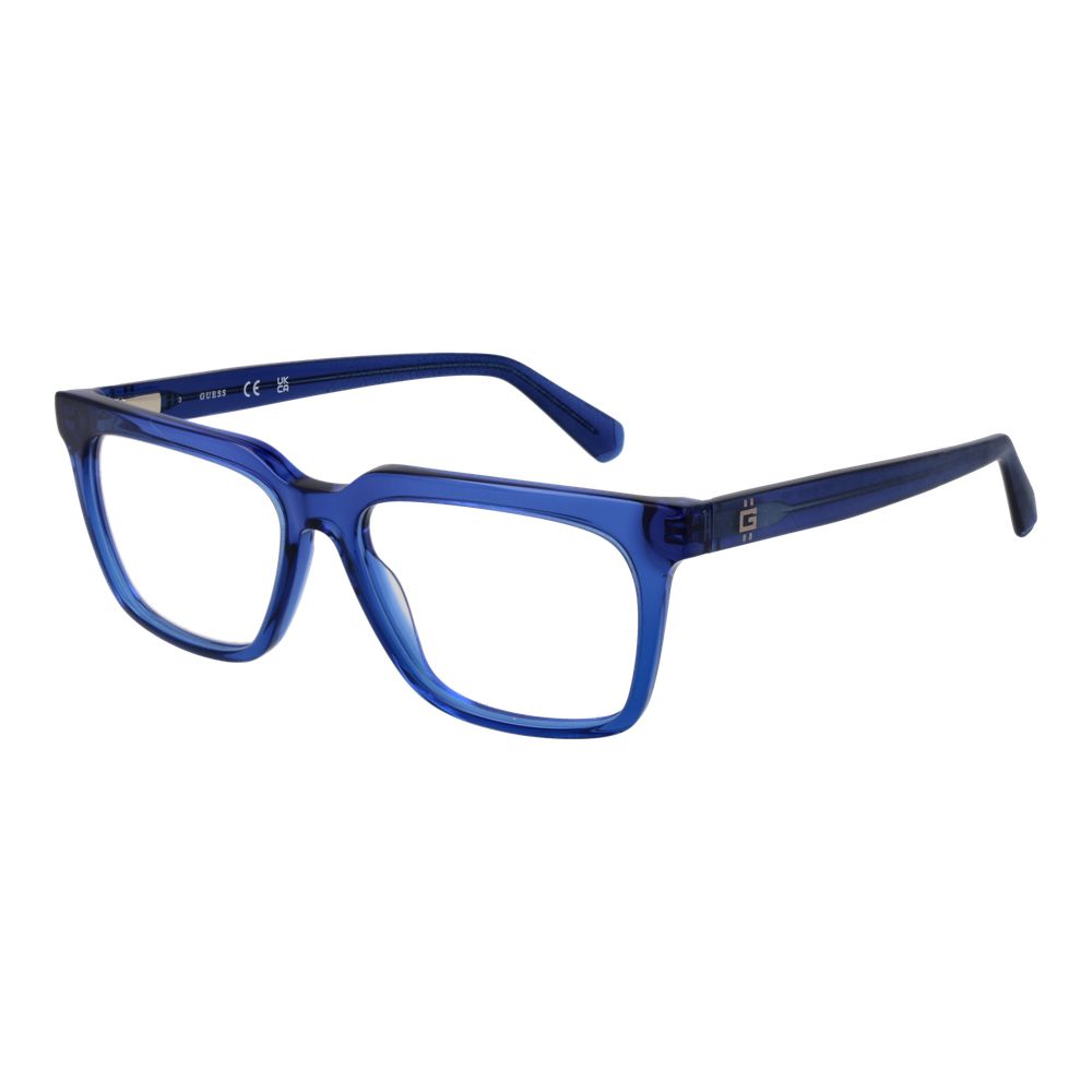 Guess Blue Men Glasses Frame with full-rim acetate design, rectangle style, size 53-15-145, blue demo lenses, and spring hinge feature.