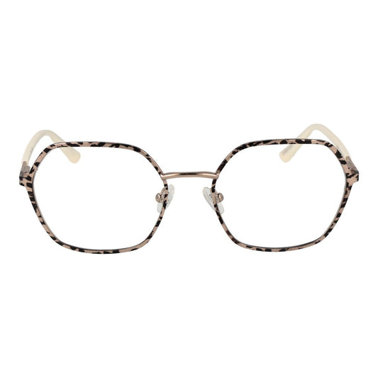 Guess Gold Women Glasses Frame with full-rim metal in gold, square style, plastic lenses, demo glasses, includes branded case.