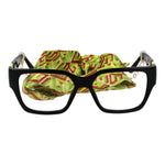 Guess Black Unisex Glasses Frame with colorful fabric behind, full-rim rectangle style, stainless steel, demo lenses, size 54-16-145.