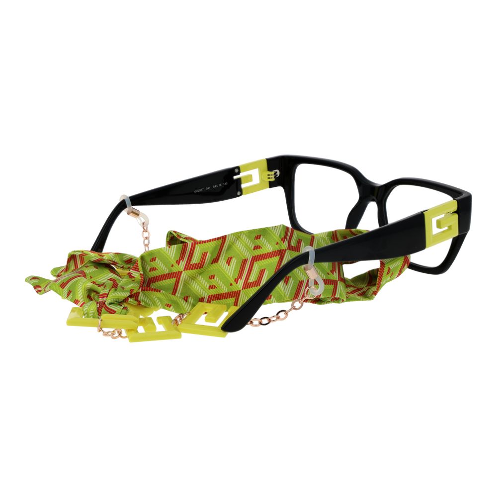 Guess Black Unisex Glasses Frame with a vibrant eyewear chain, full-rim black stainless steel, rectangular style, and demo plastic lenses.