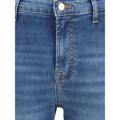 Close-up of 7FOR Blue Cotton Flared Jeans front detailing with zipper and button closure, highlighting the modern silhouette and quality stitching.