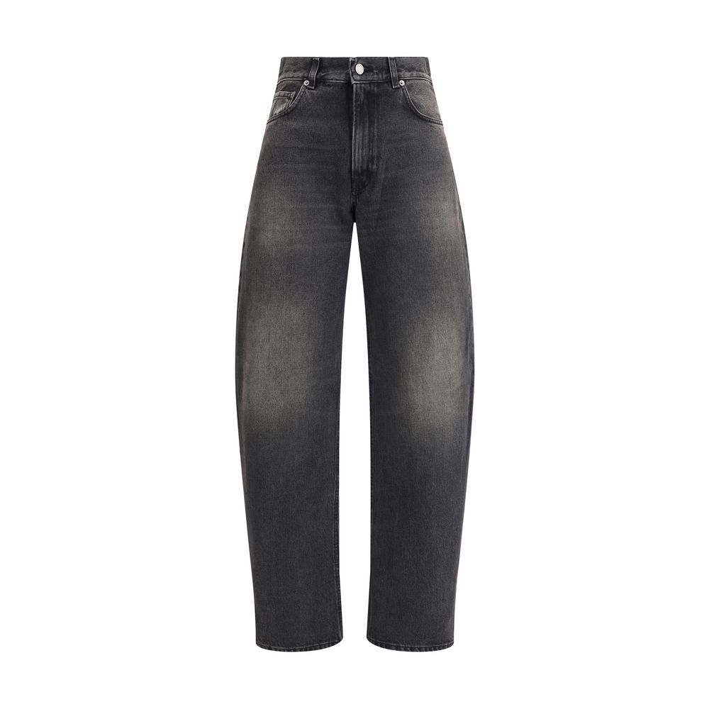 Haikure Black Cotton Relaxed Fit Jeans with wide-leg, medium waist, and classic five-pocket design, perfect for a trendy casual look.