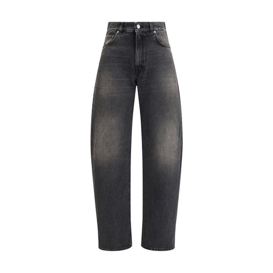 Haikure Black Cotton Relaxed Fit Jeans with wide-leg, medium waist, and classic five-pocket design, perfect for a trendy casual look.