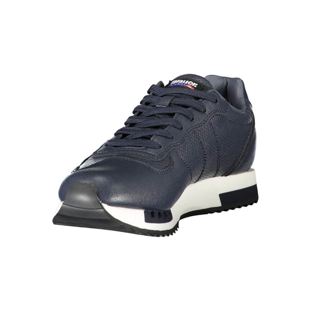 Blauer Blue Leather Men Sneaker with sporty silhouette and bold print, iconic Blauer logo on a white sole, front view.