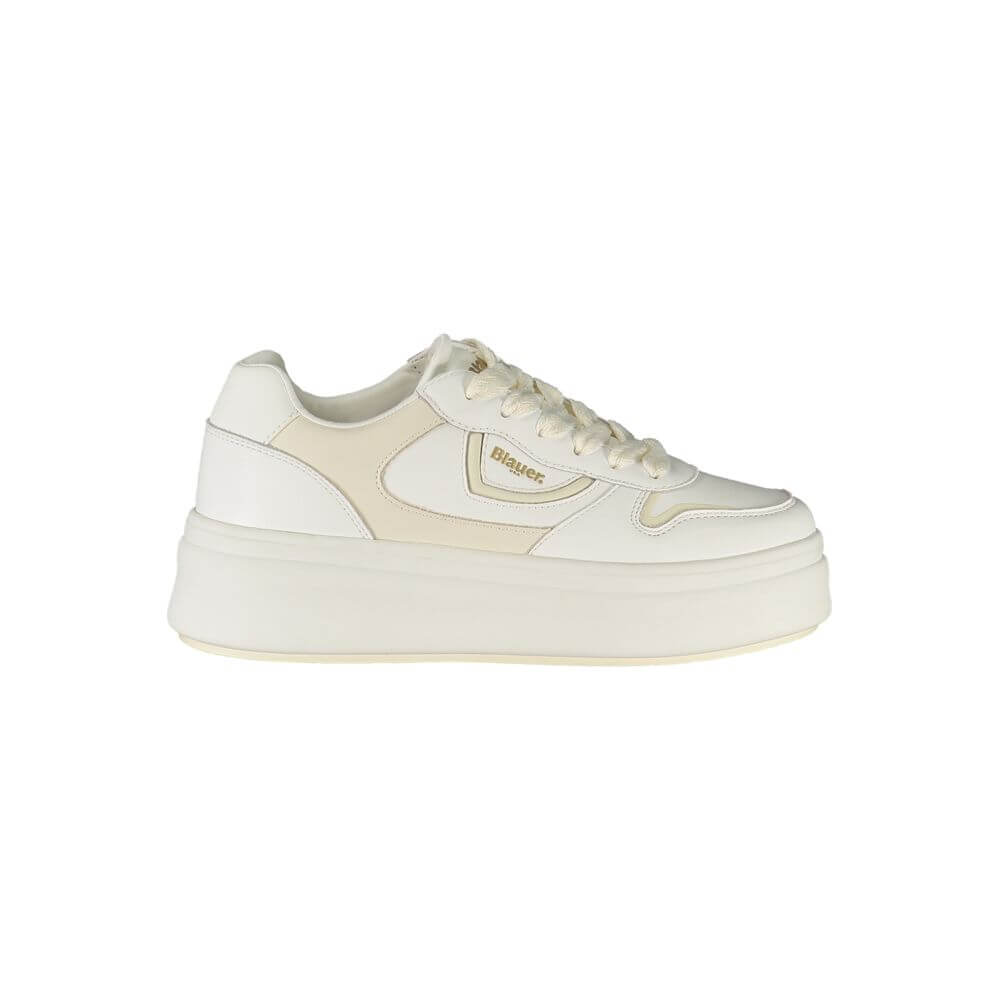 Blauer White Leather Women Sneaker with contrasting details, removable insole, iconic logo, and second set of laces for added style.