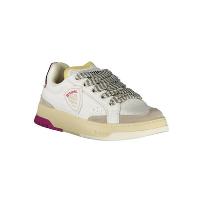 Blauer White Leather Women Sneaker with grey and fuchsia details, featuring vibrant sporty design and removable insole for comfort.