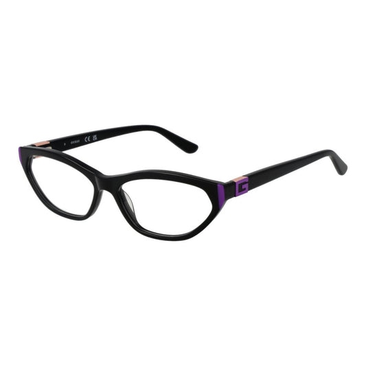 "Guess Black Women Glasses Frame with full-rim acetate, cat eye style, demo lenses, 54-14-145 size, and branded case included."