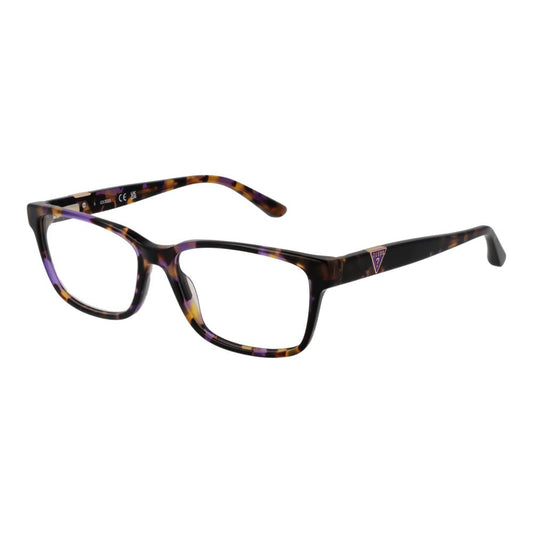 Guess Purple Women Glasses Frame in full-rim design with rectangle style, purple plastic material, demo lenses, 54mm width. Includes branded case.