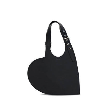 Coperni Black Calf Leather Bos Taurus Shoulder Bag with unique heart shape and belted handle, AW25 collection stylish accessory.