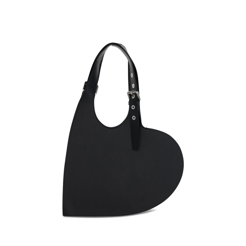 Coperni Black Calf Leather Bos Taurus Shoulder Bag in unique heart shape with belted handle, made from smooth leather. AW25 season accessory.