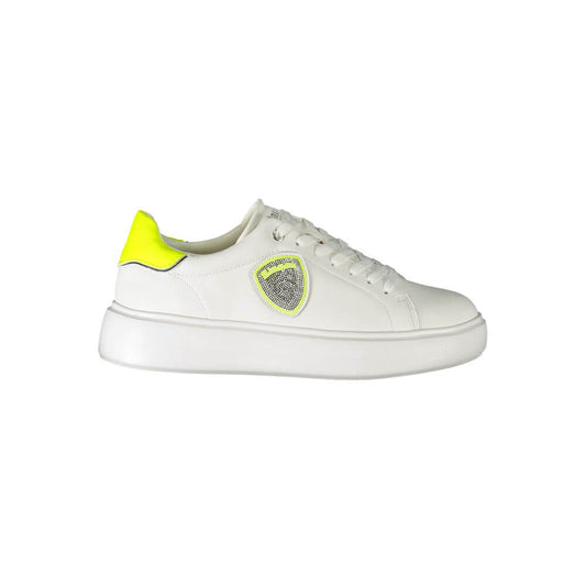 Blauer White Polyester Sneaker with laces, contrast details, logo on side, yellow accents, sports footwear style.