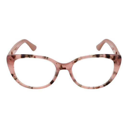 Guess Pink Women Glasses Frame, full-rim rose cat eye plastic eyewear featuring demo lenses, size 51-15-140, temples length 140mm.