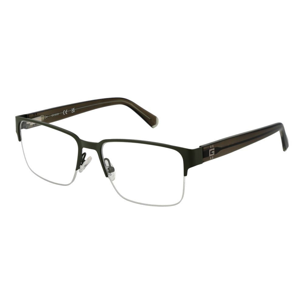 Guess Green Men Glasses Frame with green half-rim metal frame and demo lenses, size 55-17-145, includes branded case.