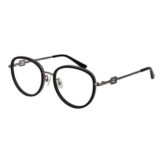 Guess Black Women Glasses Frame, full-rim black metal, round style, 53-18-145 size, demo lenses, includes branded case.