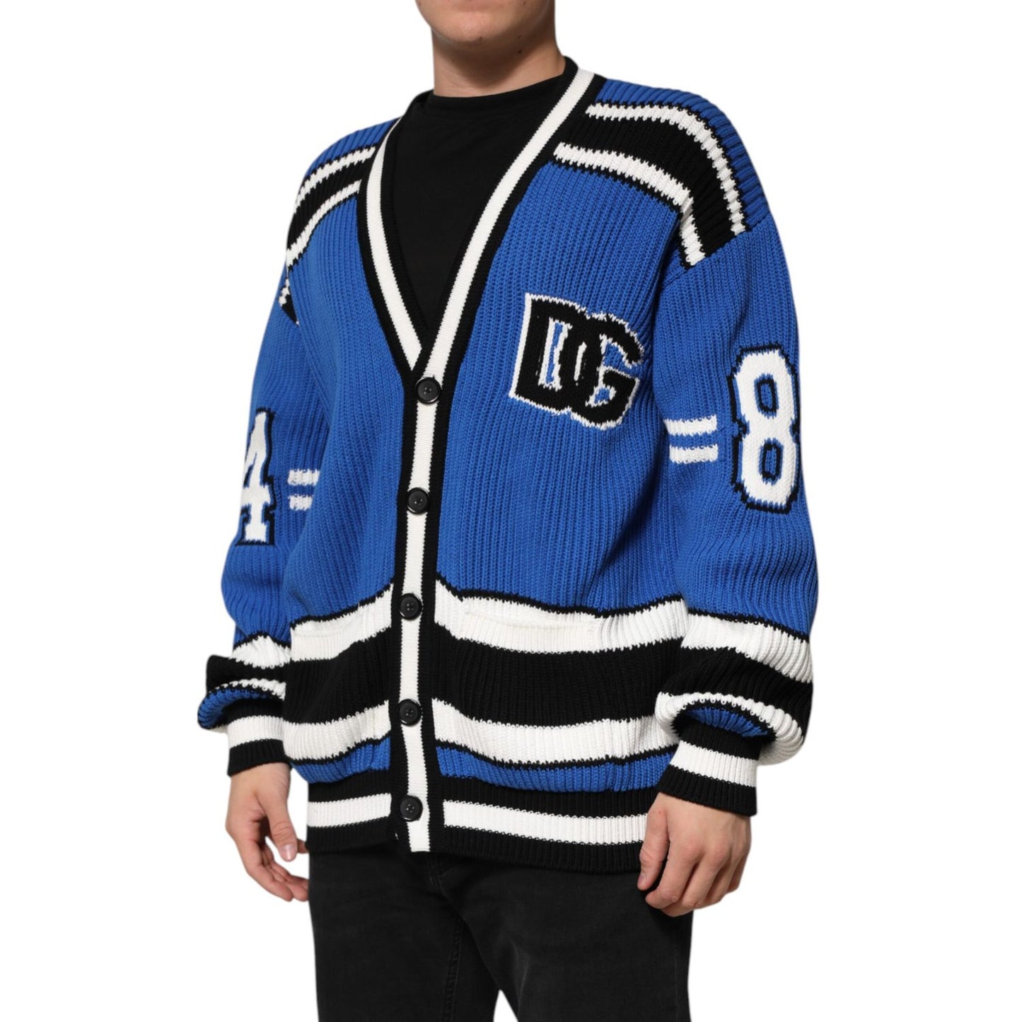 Dolce & Gabbana Blue Cotton Logo Patch Ribbed Knit Cardigan Sweater