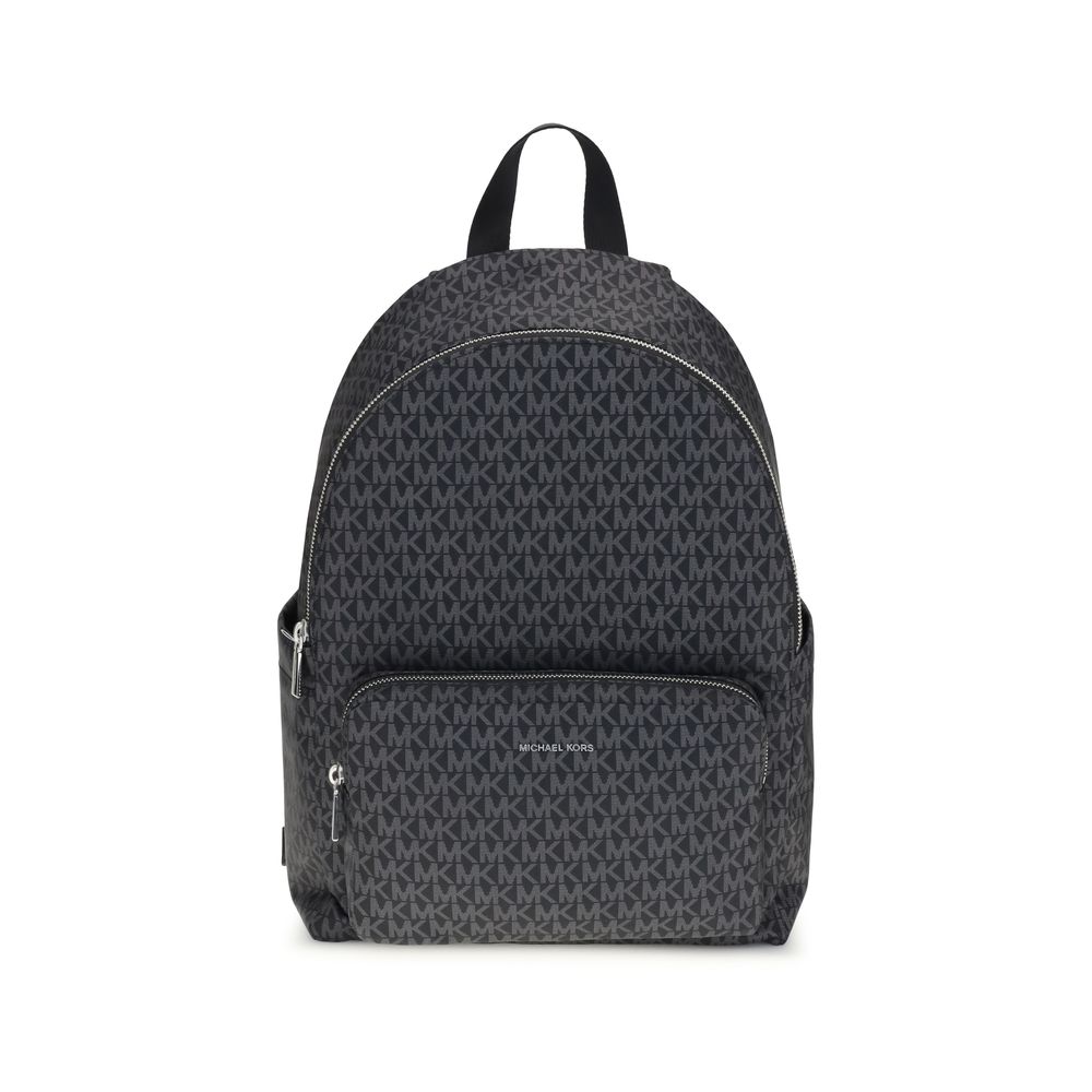 Michael Kors Black Polyester Backpack with logo print, featuring exterior pouch pockets and zippered front clutch, AW25 collection.