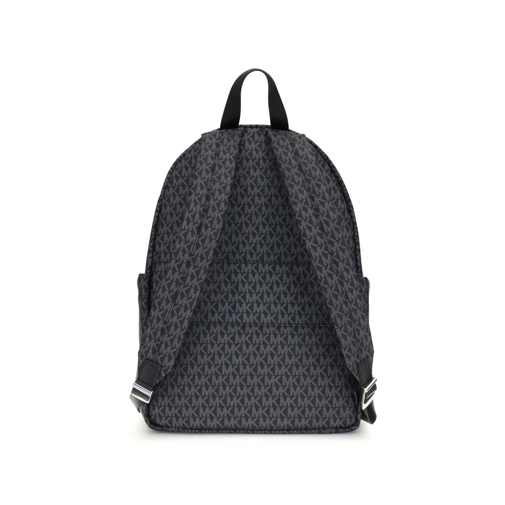 Michael Kors Black Polyester Backpack with logo print design, featuring pouch pockets and zippered front clutch, in black canvas.