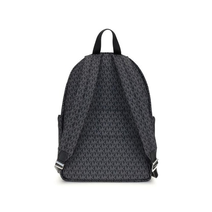Michael Kors Black Polyester Backpack with logo print design, featuring pouch pockets and zippered front clutch, in black canvas.