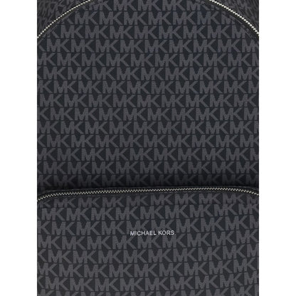 Closeup of Michael Kors Black Polyester Backpack with logo-printed canvas design, featuring zippered front and sophisticated minimalist style.