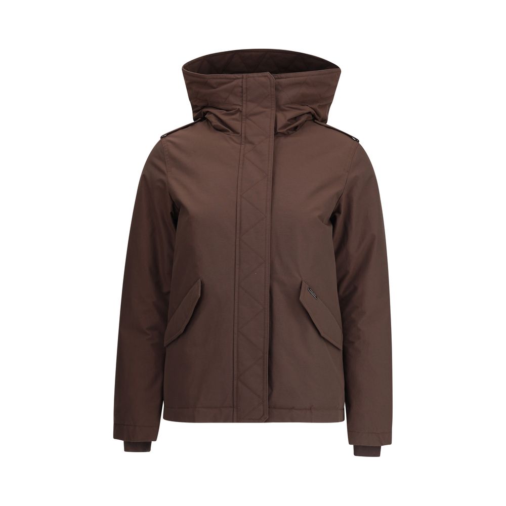 Woolrich Brown Cotton Full-Length Jacket with hood, front zipper and snap closure, front welt pockets, ideal for colder days.