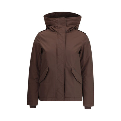 Woolrich Brown Cotton Full-Length Jacket with hood, front zipper and snap closure, front welt pockets, ideal for colder days.