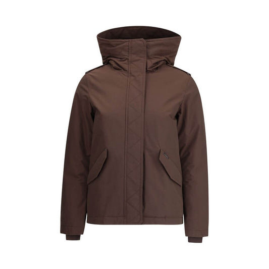Woolrich Brown Cotton Full-Length Jacket with hood, front zipper and snap closure, front welt pockets, ideal for colder days.