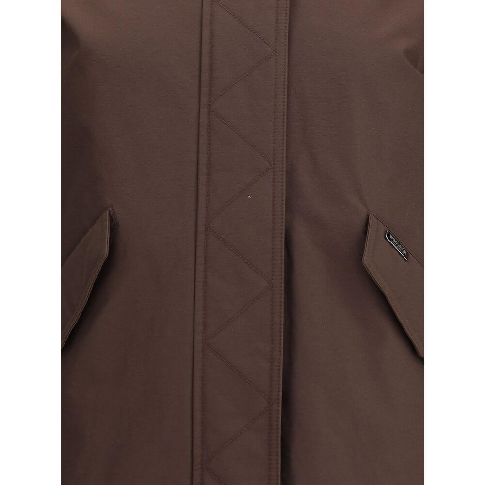 Close-up of Woolrich Brown Cotton Full-Length Jacket with pocket and zipper details.
