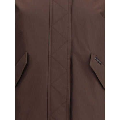 Close-up of Woolrich Brown Cotton Full-Length Jacket with pocket and zipper details.