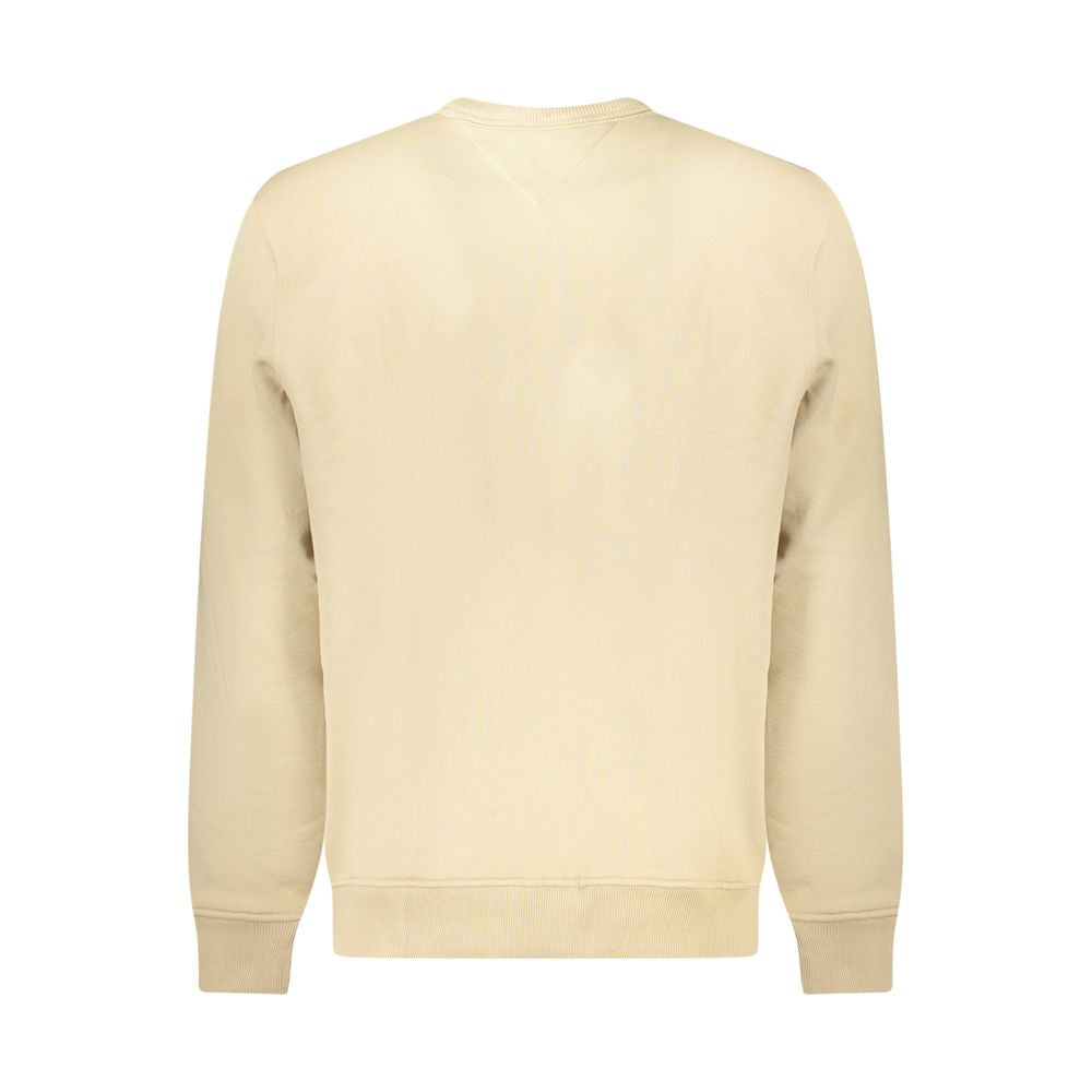 Tommy Hilfiger Beige Cotton Men Sweater with applique logo, long sleeves, and crew neck, showcasing eco-conscious fashion and plush comfort.