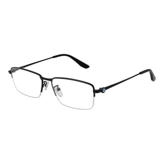 BMW Black Men Glasses Frame, rectangle style with metal half-rim in black, demo lenses, size 56-16-150, includes branded case.