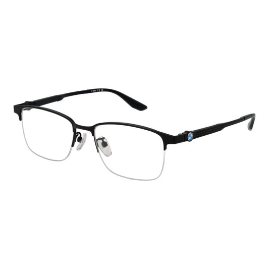 BMW Black Men Glasses Frame in titanium half-rim style with demo lenses, rectangular design, includes branded case, perfect for men.