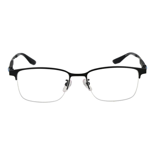 BMW Black Men Glasses Frame, black half-rim rectangle glasses with titanium build, 54-18-145 size, includes branded case.
