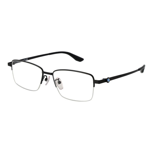 BMW Black Men Glasses Frame, titanium half-rim rectangular design, black color, demo plastic lenses, includes branded case.
