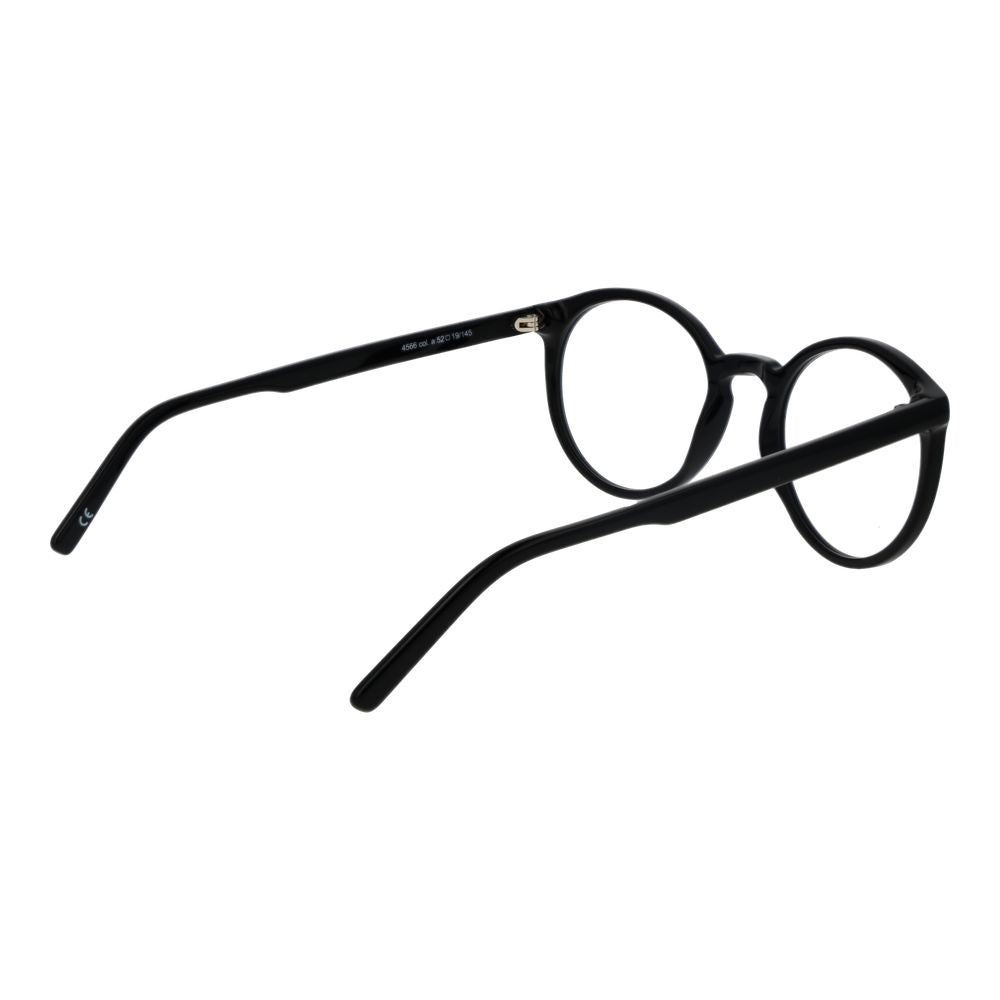 Andy Wolf Black Unisex Glasses Frame in full-rim acetate design, round shape, size 52-19-145, with demo lenses and branded case included.