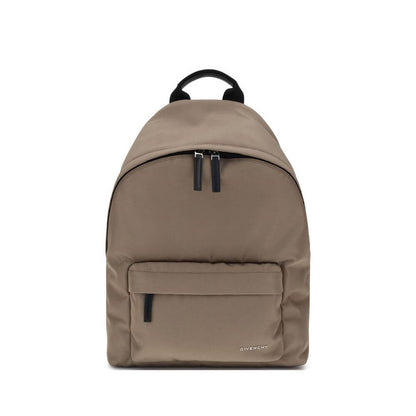 Givenchy Brown Polyamide Backpack with metal logo, padded straps, front zip pocket, and leather pull tabs for modern functionality.