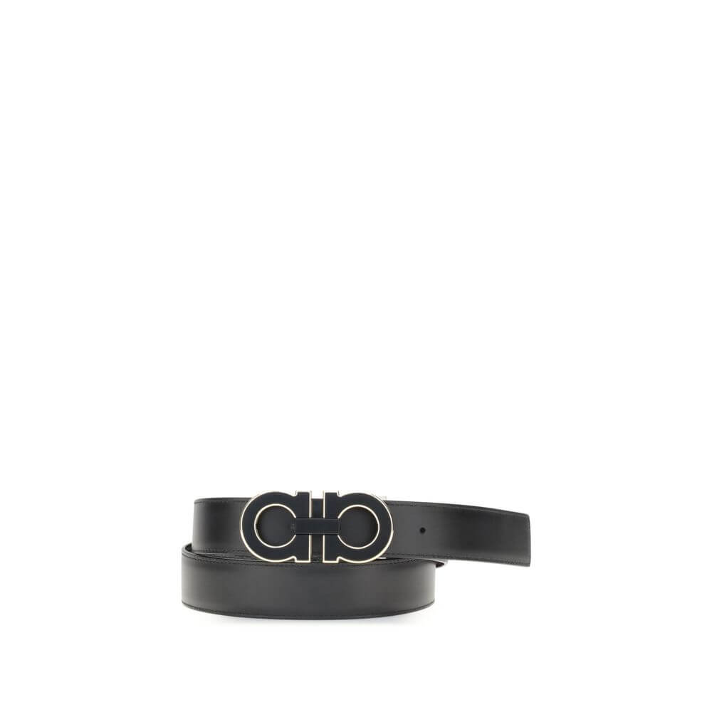 Alt Tag: Ferragamo Black Calf Leather Bos Taurus Regular Belt with reversible Gancini buckle.