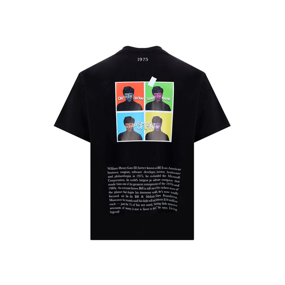 Black graphic t-shirt with colorful portraits and text, featuring the year 1975 on the back.