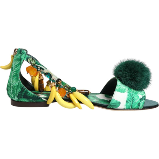 Dolce & Gabbana Green Mink Fur Satin Banana Leaf Sandals Shoes LA12817-35.5