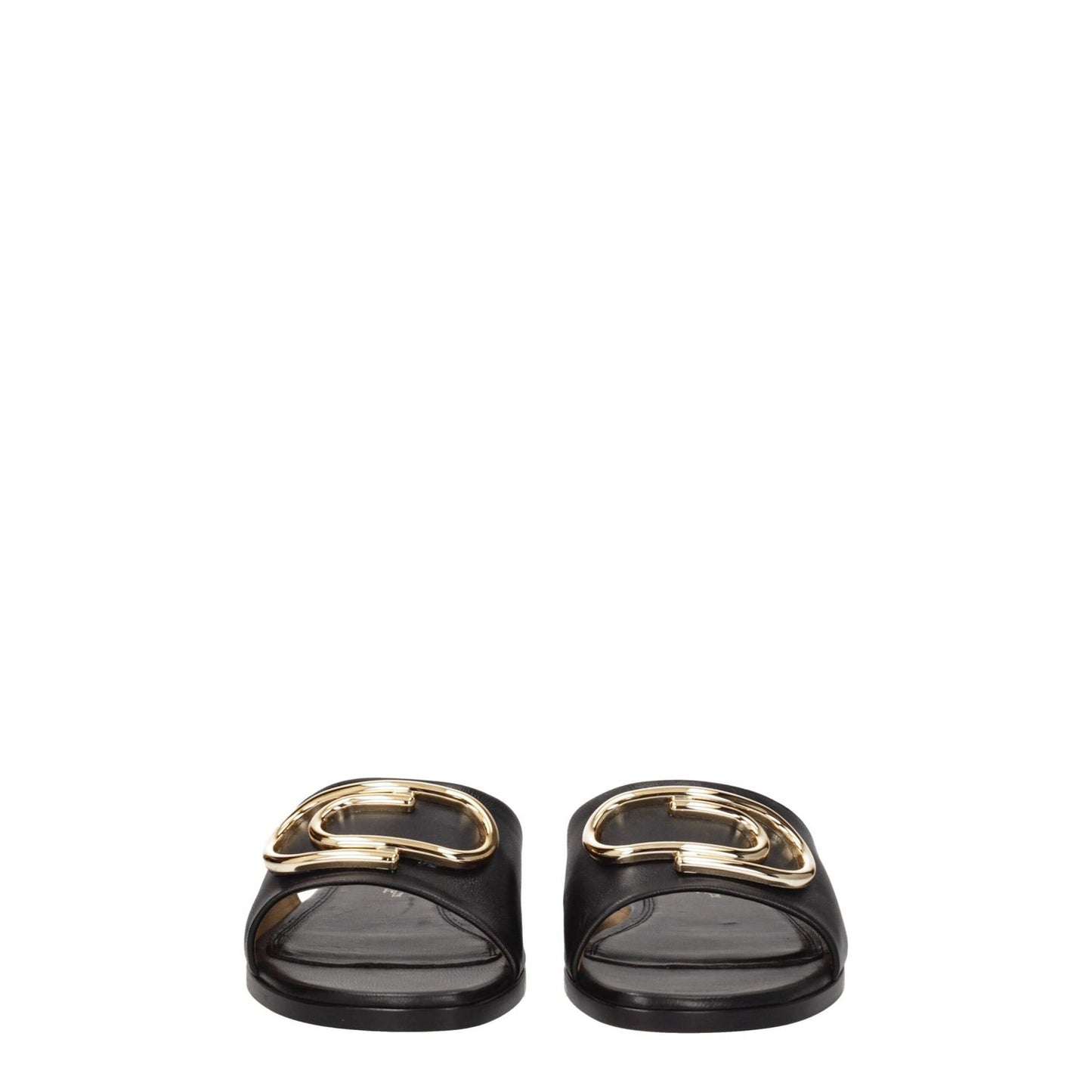 Off-White Black Leather Slippers with gold details, open toe, low flat heel, casual style, MPN OWIC015LEA0031076.